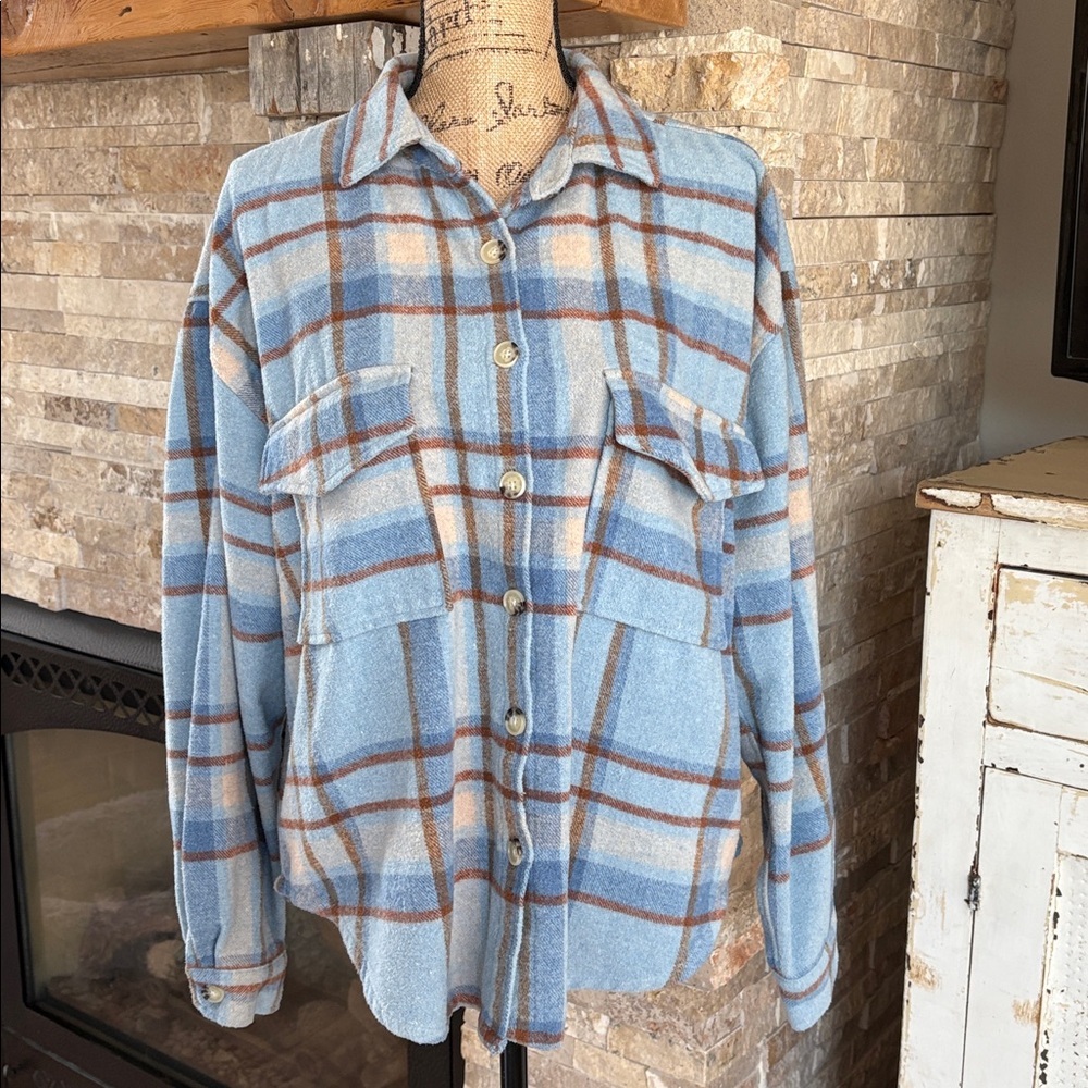 Ford Bronco shacket flannel blue brown cream flannel butterflies Bronco graphic - Picture 3 of 16